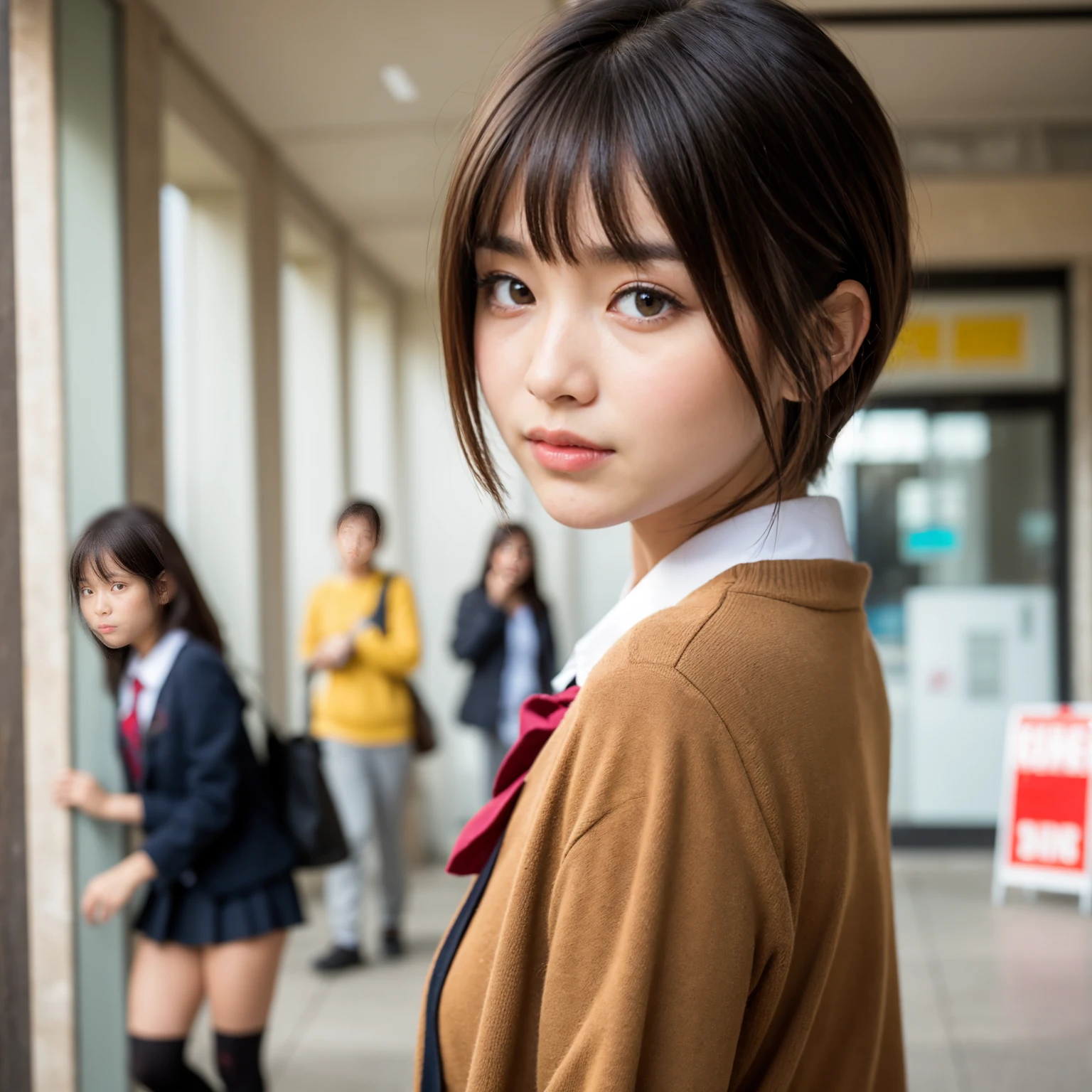 ((Full Body Shot：1.4)),Are standing,Highest quality, Soft Light, Ultra-high resolution, (Realistic:1.4), RAW Photos, 1 Japanese girl, (14 years old),alone, cute, (A shy smile:0.5), (Brown eyes, Light in your eyes), Beautiful face in every detail, ,(High resolution detail of human skin texture), Short shiny smooth light brown hair, Asymmetrical bangs , break, In the shopping district,(school uniform),