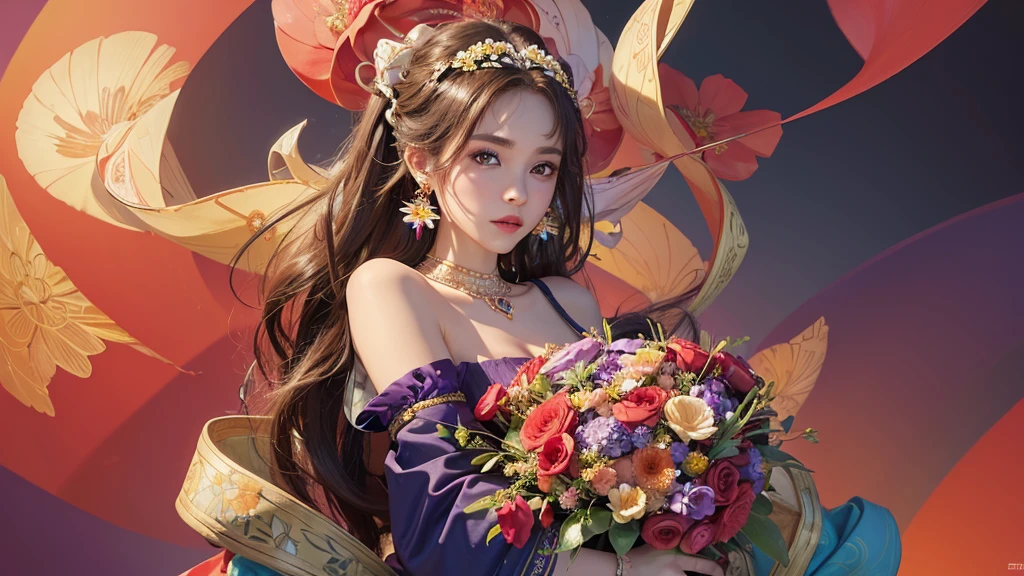 32K, 最高quality, 最高masterpiece, (ultra-Detailed Background, Detailed Background), High resolution, Super detailed, Very detailedな, One girl, (bouquet:1.3), (Tangled:1.2), (Geometric:1.2),(colorful),(masterpiece, quality, best quality, Official Art, Beautiful and beautiful:1.2), (1 girl:1.3), Very detailed,(colorful:1.1)(Flowers:1.3),Most detailed,(Tangled:1.2), whole body, (Abstract background:1.3), (Skin glows), (Many colors:1.4), ,(Earrings Jewelry:1.5), Pale Red Background,