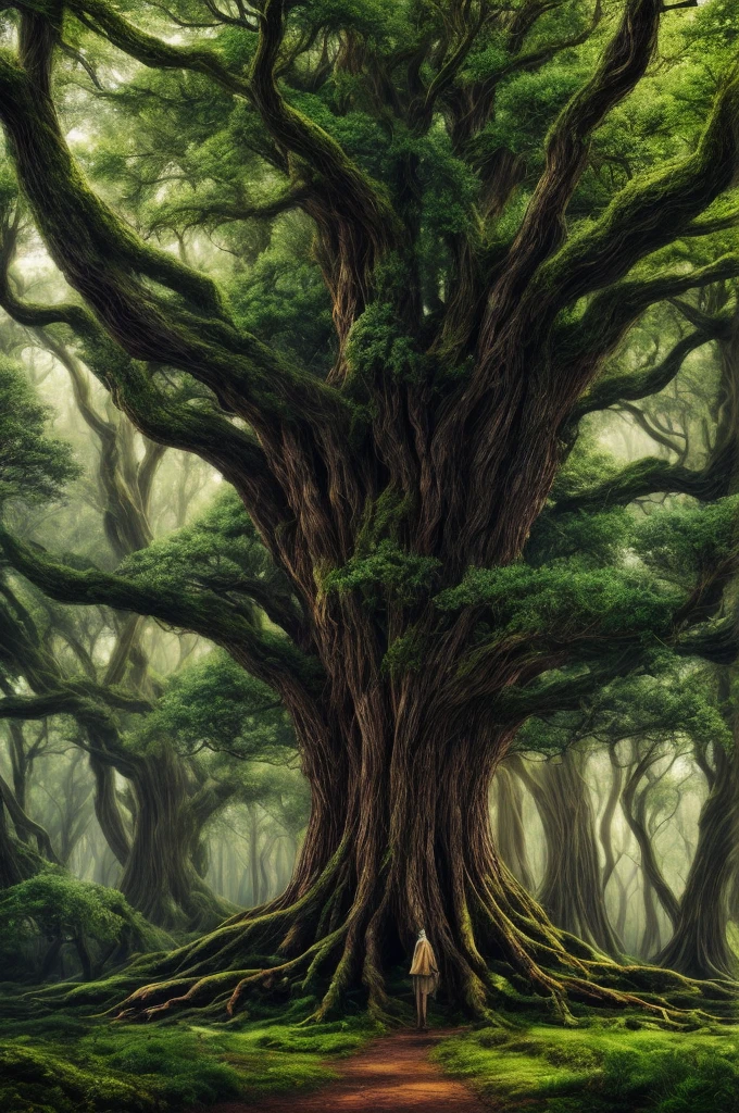 A mystical forest with giant trees and magical beings hidden among the branches, 8K, high quality
