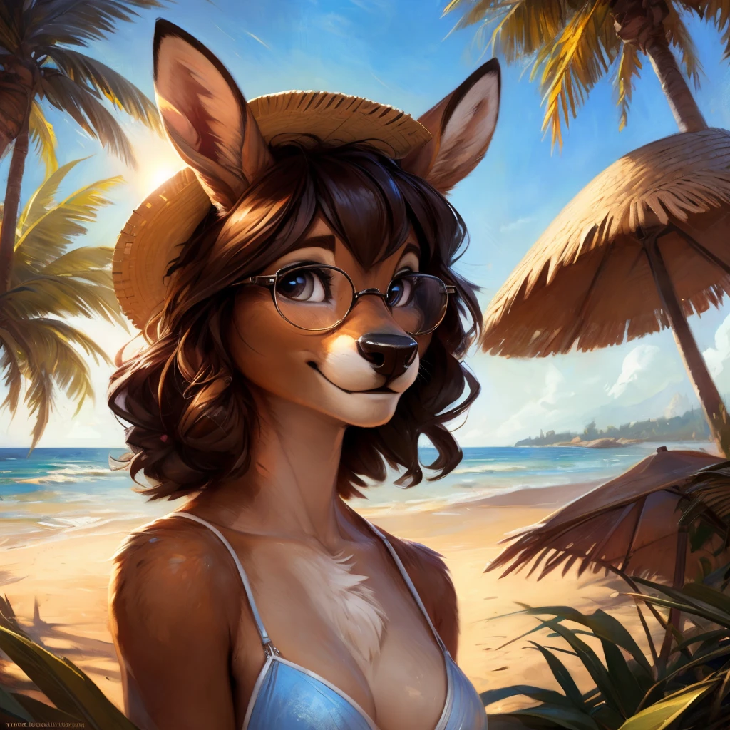 uploaded on e621, artstation, by Pixelsketcher, by Bayard Wu, by Thomas Benjamin Kennington , by Einshelm, by hioshiru and kenket, Chunie, portrait, solo anthro female deer doe, tiny featureless breasts, tiny breasts, clear dark blue, cinematic lighting, day, sunny day, beach, walks on a beach, ocean background, horizon background, palm trees background, palm trees, shiny, short curly dark brown hair, shoulder long hair, wears big black nerd glasses, very very beautiful furry art, furry art, smiling, joyful, shiny, happy, feminine, cute face, muzzle, fluffy chest, flawless face, Fallow deer, 1girl, Sakimichan is beautiful, Masterpiece, Wavethesallow Face, shiny, Detailed image, portrait, Detailed image, portrait, wears pure white bikini, shiny, realistic face, perfect anatomy, hourglass body, (furry body:1.1), anthropomorphic deer, happy, very happy, small ears, huge black nerd glasses, full body, lays on a sun towel, enjoys the sun, a few palm trees in the background, wearing big and wide beige summer straw hat
