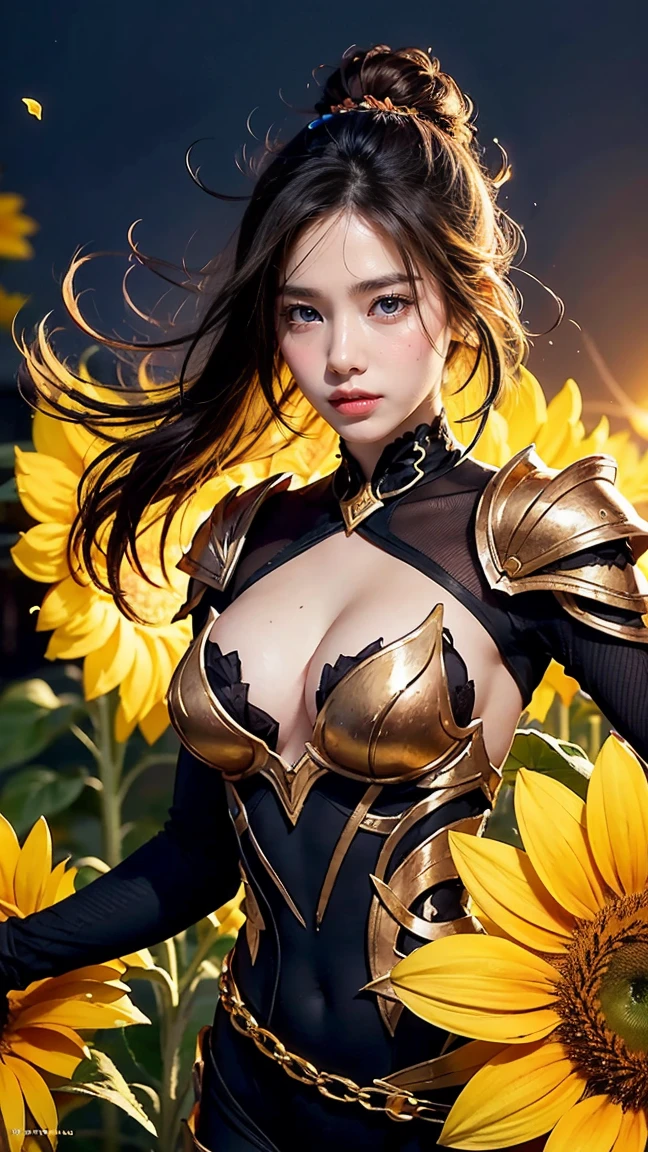 Illustrate Elise from League of Legends in her Death Sunflower skin, with vibrant, floral-themed armor and petals cascading around her. Capture the moment she uses her Neurotoxin ability in human form, launching a venomous spell at her enemies, with blooming flowers intertwining with the poison