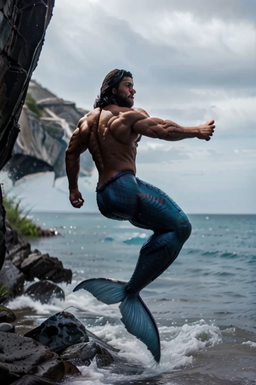 Two muscle male mermaids, two persons, merman, muscles, two male bodybuilder, blue mermaid tails, short beard, black hair, jumping from water, water twister, rocks, wallpaper