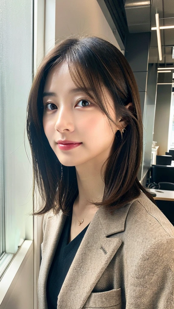 (8k, highest quality, masterpiece: 1.2), Super detailed, highest quality, Ultra-high resolution, Depth of written boundary,(Super detailedな,Caustics),(Photorealistic:1.4,RAW shooting,)Ultra-Realistic Capture,(Very detailed,High definition 16K for human skin,The skin texture is natural,Skin appears even-toned and healthy),(Use natural light and colour,Two Women Wide Lighting,Natural Shading),Japanese,2 women, Beautiful Eyes, Short, Brown hair, Showing forehead, Mature hairstyle, **White business suits, Facing forward, Upper bodies facing forward**, Office wear, Office environment, (Natural light:1.4)