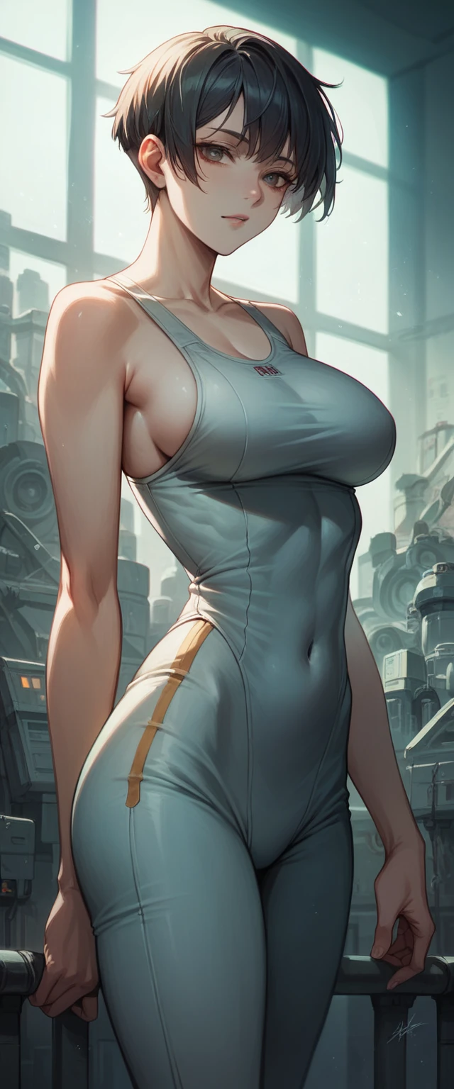 4k, 8k, masterpiece, Best Quality, ultra high resolution, photographic lighting, anime style, 1 woman, clear skin, short hair, Comfortable clothes, medium large breasts, physical attractiveness, Pose Horny, Wallpaper, background in a science fiction place