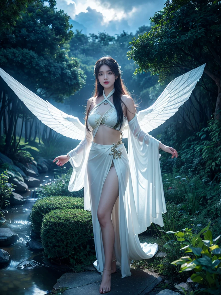 Light lines form shapes,fox, bokeh dark forest grave background,4K resolution,Ancient Chinese Women, female god, The gods, 25 years old, Handsome and sexy,white silk gauze,Golden Angel Dress,Exquisite clothing styles,Beautiful real jade pendant,Barefoot,bare shoulders,Reveal your navel,Date and time,Under your feet there are clouds and mist., fly in the sky,fly in the sky,float,calm and indifferent, detailed body, detailed face, The body is greasy.,smile a little, A beautiful one, Exaggerated, Handsome and charming, Looks brave., long hair fluttering,ผมfloat,It has a long bang.,Incredible amount of hair,Hair flowing,Ambient light,Detailed sky background,Surrounded by clouds,Volumetric illumination,Cell shading, (nsfw:1.5)