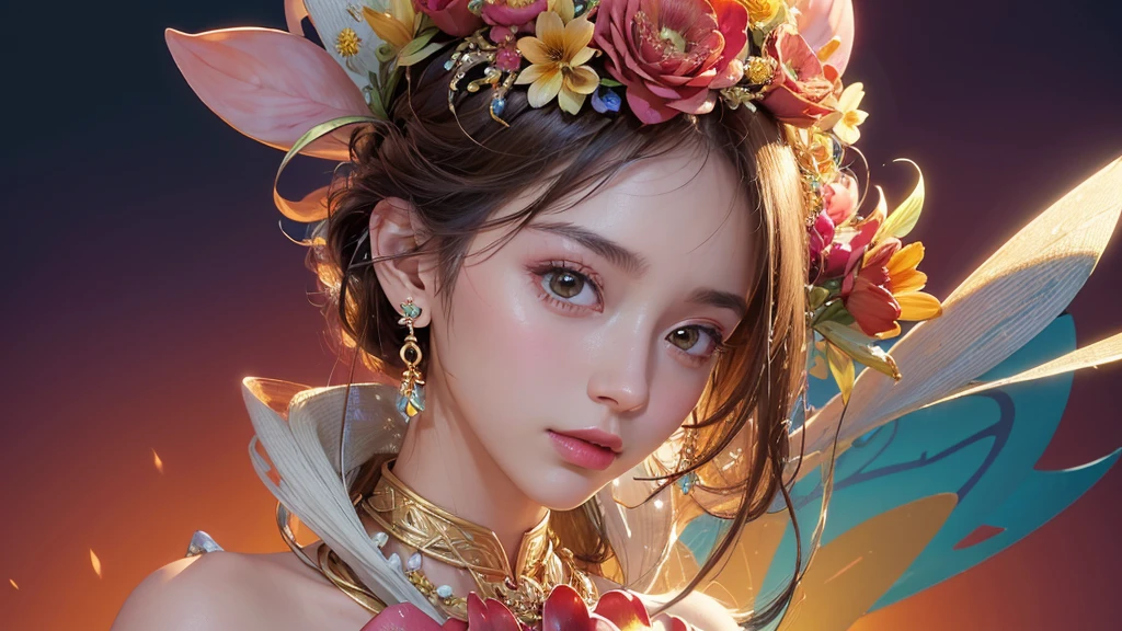 32K, 最高quality, 最高masterpiece, (ultra-Detailed Background, Detailed Background), High resolution, Super detailed, Very detailedな, One girl, (bouquet:1.3), (Tangled:1.2), (Geometric:1.2),(colorful),(masterpiece, quality, best quality, Official Art, Beautiful and beautiful:1.2), (1 girl:1.3), Very detailed,(colorful:1.1)(Flowers:1.3),Most detailed,(Tangled:1.2), whole body, (Abstract background:1.3), (Skin glows), (Many colors:1.4), ,(Earrings Jewelry:1.5), Pale Red Background,