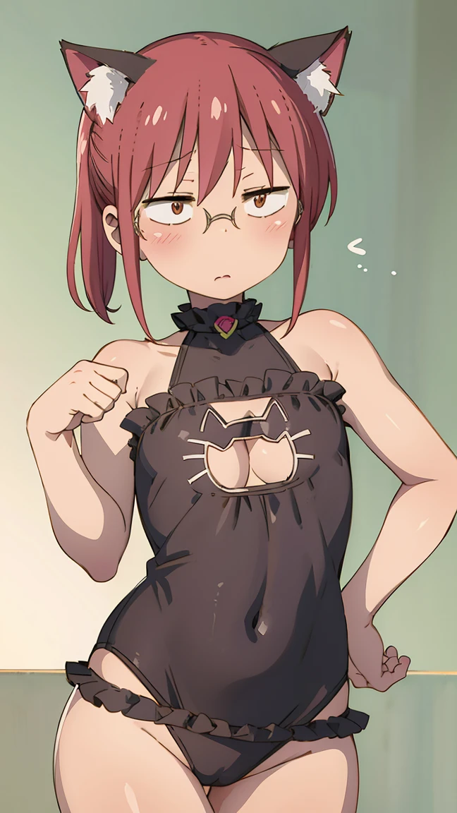 ((badhandv4)) Kobayashi, (Bust size very very small.)),  (flat chest:1.2), Posing embarrassed, lenceria de gato, edgcatlingerie, wearing edgcatlingerie, cat cutout, cleavage cutout, 