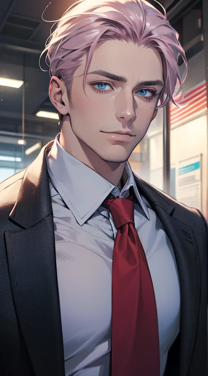 (best quality,4k,8k,highres,masterpiece:1.2),ultra-detailed,(realistic,photorealistic,photo-realistic:1.37),1 man,31 years old,mature man,very handsome,without expression,smile,short grey pink hair,blue eyes,penetrating gaze,perfect face without errors,imposing posture,businessman,office background,cinematic lighting,hdr image