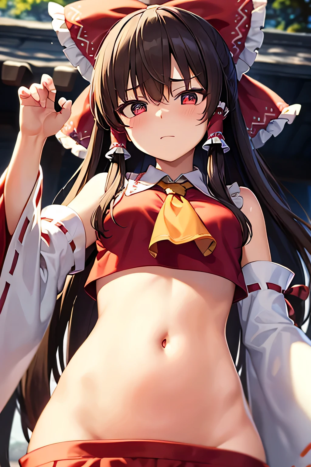 super fine illustration, vibrant colors, masterpiece, sharp focus, best quality, depth of field, cinematic lighting, ultra detailed, blush, belly button, navel, tummy, shrine maiden, hakurei reimu, 1girl, hair bow, ascot, hair tubes, detached sleeves, looking down, red shirt, red skirt, very long hair, very messy hair, dark brown hair, outdoors, mature woman, ,hakurei reimu, 1girl, hair bow, ascot, hair tubes, miko, detached sleeves, Reimu Hakurei, stomach, annoyed, catwalk (modeling),