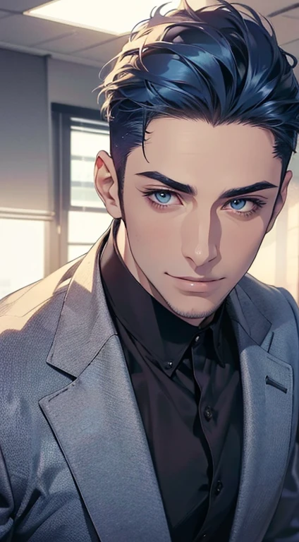 (best quality,4k,8k,highres,masterpiece:1.2),ultra-detailed,(realistic,photorealistic,photo-realistic:1.37),1 man,31 years old,mature man,very handsome,without expression,smile,short blue hair,blue eyes,penetrating gaze,perfect face without errors,imposing posture,businessman,office background,cinematic lighting,hdr image