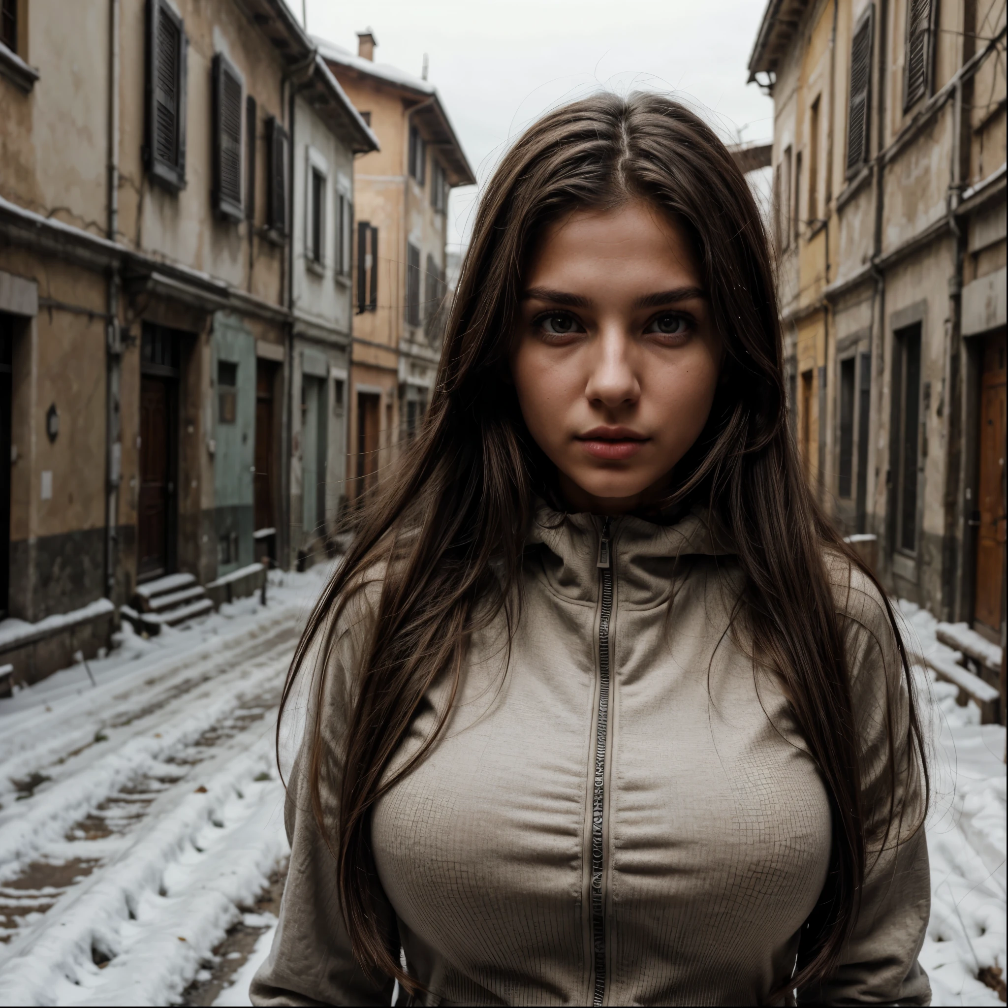 Italian (Name : Alessia Beatrice) , Perfect body, Normal sized Breast, Winter Outfit, Long Hair, Pretty, Brunette, Detailed Face, Perfect Face, Perfect Eyes, No Ugly, zombie apocalypse world, A bit dirty Outfit, Serious Face