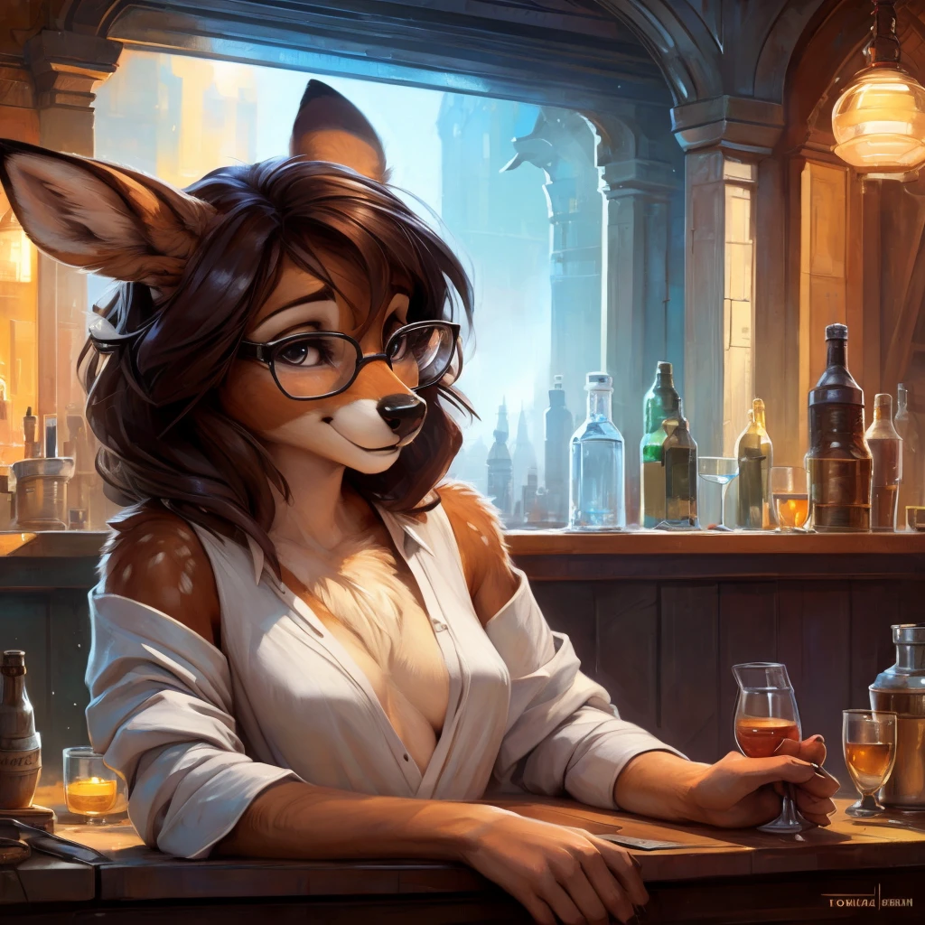 uploaded on e621, artstation, by Pixelsketcher, by Bayard Wu, by Thomas Benjamin Kennington , by Einshelm, by hioshiru and kenket, Chunie, portrait, solo anthro female deer doe, tiny featureless breasts, tiny breasts, clear dark blue, cinematic lighting, sitting on a bar counter, sitting inside at a party bar, night club background, shiny, chin short curly dark brown hair, shoulder length hair, wears big black nerd glasses, very very beautiful furry art, furry art, thoughtful, shiny, feminine, cute face, muzzle, fluffy chest, flawless face, Fallow deer, 1girl, Sakimichan is beautiful, Masterpiece, Wavethesallow Face, shiny, Detailed image, Detailed background, Detailed image, wears pure oversize white wide big blouse, shiny, realistic face, perfect anatomy, hourglass body, anthropomorphic deer, happy, very happy, small ears, huge black nerd glasses, hourglass body, (furry body:1.1), anthropomorphic deer, small fluffy tail, detailed background, (cute anatomy:1.1), sexy, sexy look
