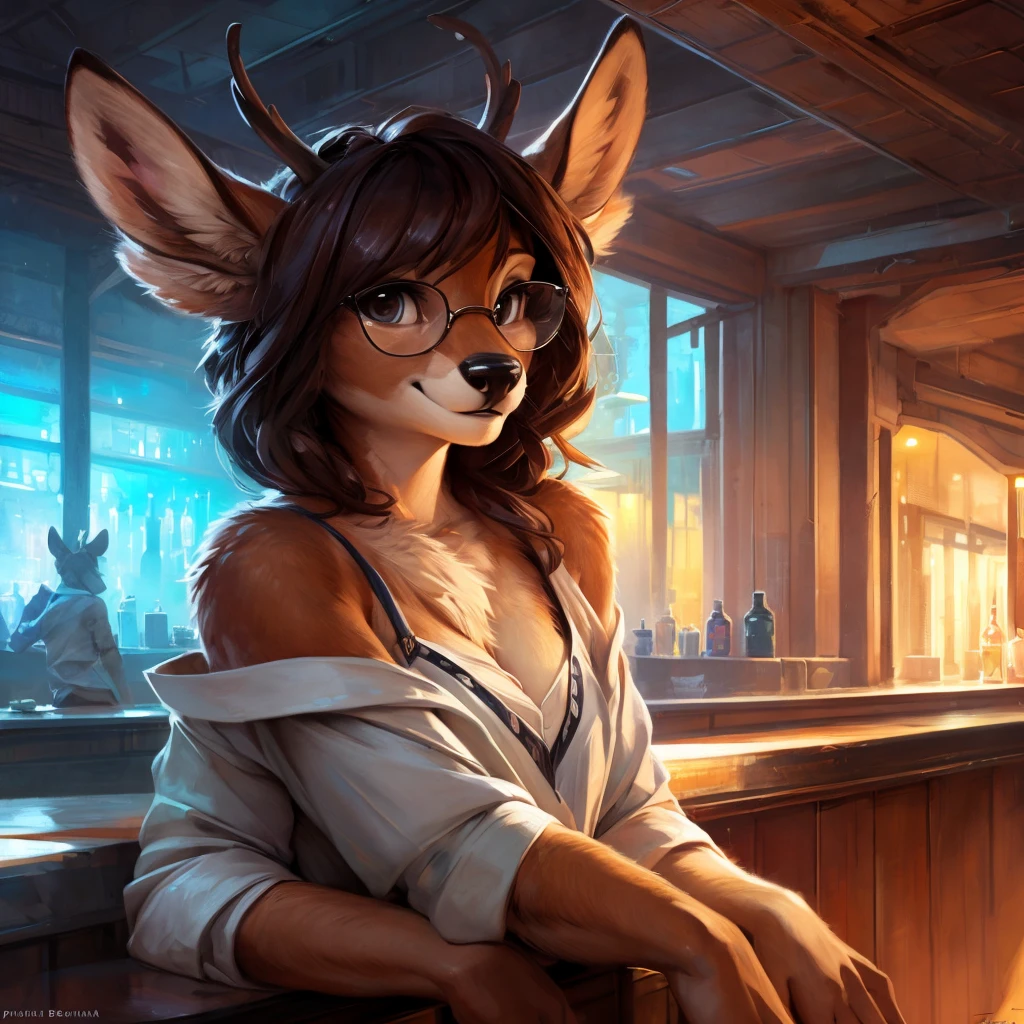 uploaded on e621, artstation, by Pixelsketcher, by Bayard Wu, by Thomas Benjamin Kennington , by Einshelm, by hioshiru and kenket, Chunie, portrait, solo anthro female deer doe, tiny featureless breasts, tiny breasts, clear dark blue, cinematic lighting, sitting on a bar counter, sitting inside at a party bar, night club background, shiny, chin short curly dark brown hair, shoulder length hair, wears big black nerd glasses, very very beautiful furry art, furry art, thoughtful, shiny, feminine, cute face, muzzle, fluffy chest, flawless face, Fallow deer, 1girl, Sakimichan is beautiful, Masterpiece, Wavethesallow Face, shiny, Detailed image, Detailed background, Detailed image, wears pure oversize white wide big blouse, shiny, realistic face, perfect anatomy, hourglass body, anthropomorphic deer, happy, very happy, small ears, huge black nerd glasses, hourglass body, (furry body:1.1), anthropomorphic deer, small fluffy tail, detailed background, (cute anatomy:1.1), sexy, sexy look