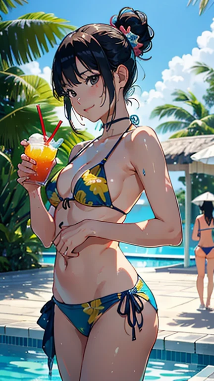 (Party by the pool:1.2)、(Fun atmosphere、Vibrant:1.2)、(3 people:1.4)、Beautiful Japanese Women、(3 peopleの女性)、20-year-old、(whole body)、((Tropical Drinks、juice、Soft-serve ice cream in hand))、(Detailed depiction of a beautiful face)、(Smile)、Small breasts、Slim figure、Medium Short Hair、semi-long、Hair Bun、Wet 水着、bikini、モノキニbikini、A pareo skirt with bold ethnic patterns and plenty of primary colors、Realistic Skin、Wet、whole body、No zoom、No close-ups、Cinematic Light、Tropical Colors、((Blank Background))、((White Background))、(Highest quality, masterpiece, High resolution)、(Anime Art 4k)、