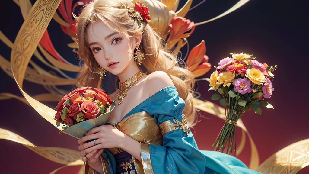 32K, 最高quality, 最高masterpiece, (ultra-Detailed Background, Detailed Background), High resolution, Super detailed, Very detailedな, One girl, (bouquet:1.3), (Tangled:1.2), (Geometric:1.2),(colorful),(masterpiece, quality, best quality, Official Art, Beautiful and beautiful:1.2), (1 girl:1.3), Very detailed,(colorful:1.1)(Flowers:1.3),Most detailed,(Tangled:1.2), whole body, (Abstract background:1.3), (Skin glows), (Many colors:1.4), ,(Earrings Jewelry:1.5), Pale Red Background,