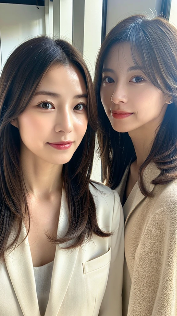 2 woman,(8k, highest quality, masterpiece: 1.2), Super detailed, highest quality, Ultra-high resolution, Depth of written boundary,(Super detailedな,Caustics),(Photorealistic:1.4,RAW shooting,)Ultra-Realistic Capture,(Very detailed,High definition 16K for human skin,The skin texture is natural,Skin appears even-toned and healthy),(Use natural light and colour,Two Women Wide Lighting,Natural Shading),Japanese,2 women, Beautiful Eyes, Short, Brown hair, Showing forehead, Mature hairstyle, **White business suits, Facing forward, Upper bodies facing forward**, Office wear, Office environment, (Natural light:1.4)