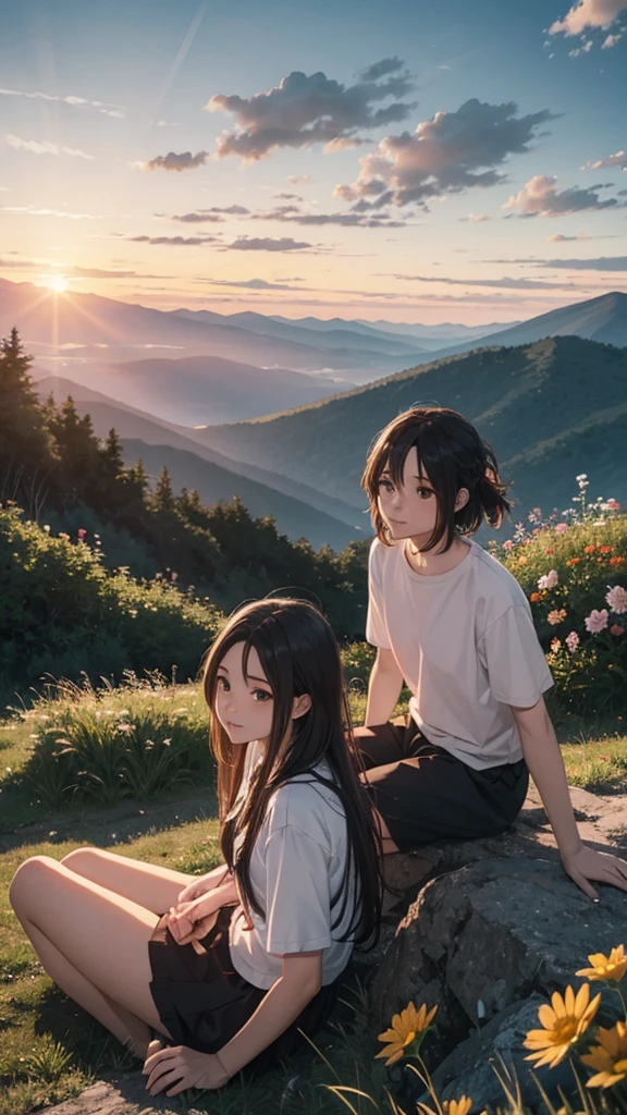 a beautiful mountain, a boy and girl sitting on the mountain watching the sunset, mountains, flowers, sunset, sunny, couple, short clothes, moody color, anime style,
