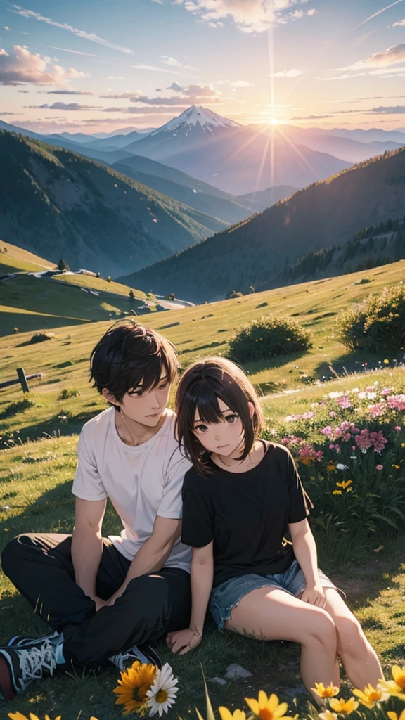 a beautiful mountain, a boy and girl sitting on the mountain watching the sunset, mountains, flowers, sunset, sunny, couple, short clothes, moody color, anime style,