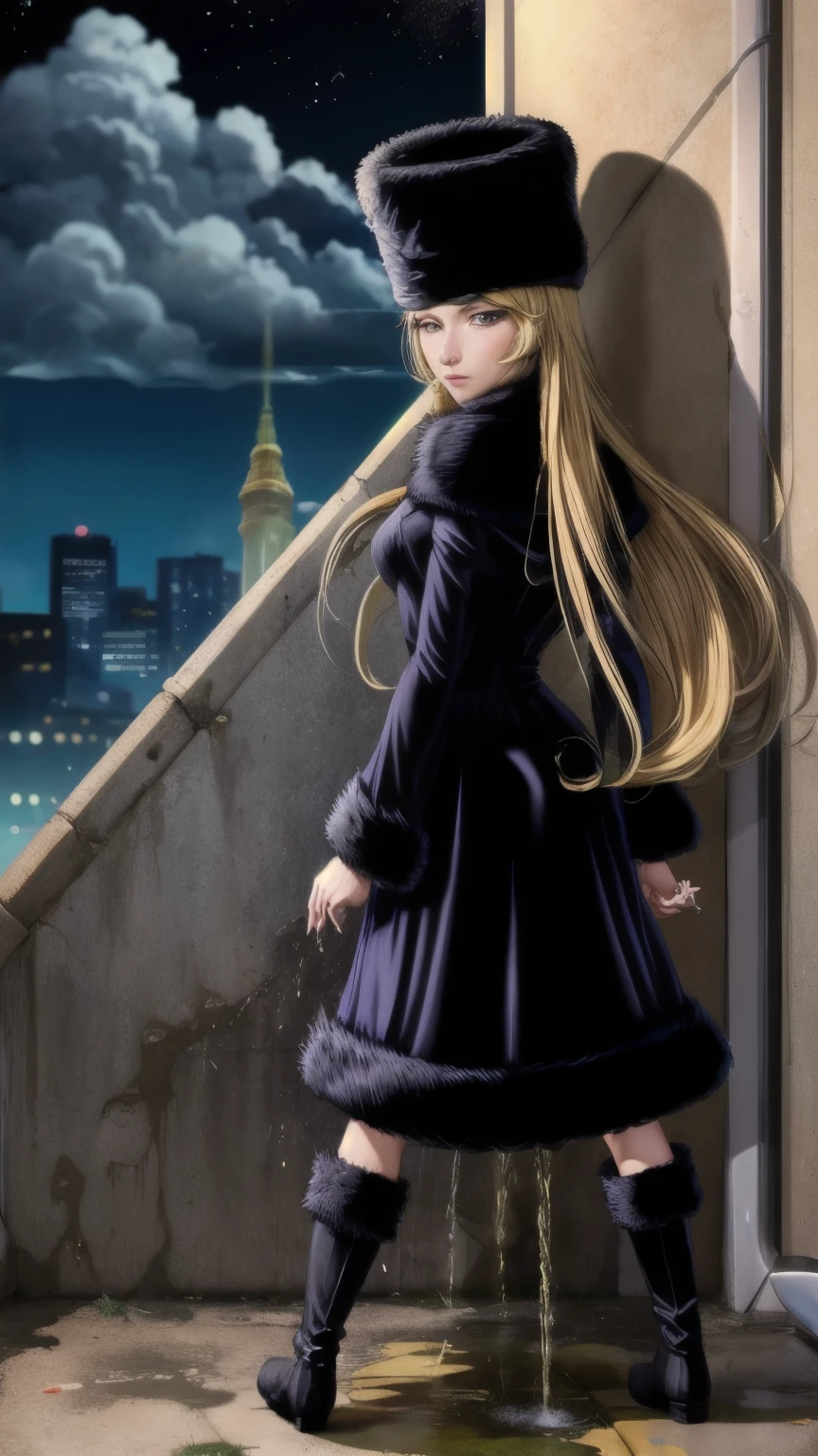 best quality, masterpiece, high resolution, extremely detailed, intricate details, (back view, turn around, look back), ,
solo, a beautiful woman, (maetel, long hair, blonde hair, fur-trim, black-headwear, fur-hat, long-sleeves dress, black heel boots:1.5),
detailed face, detailed eyes, sophisticated nose, fine-textured skin, pale skin,
(standing with spread legs wide apart:1.2), hands on midriff, (peeing self, urination:1.5),(pee puddle),
photo background, outdoors, alley, night,