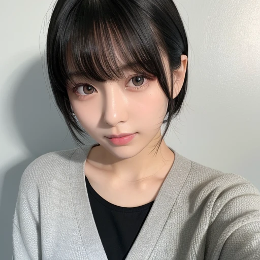 20-year-old female、Japanese、Beauty、The eyes are double、Lightweight cardigan、Black inner shirt、White Background、Beautiful Skin、Glossy Lips、Black short hair、Upper Body、head whole、Selfie taken from above right