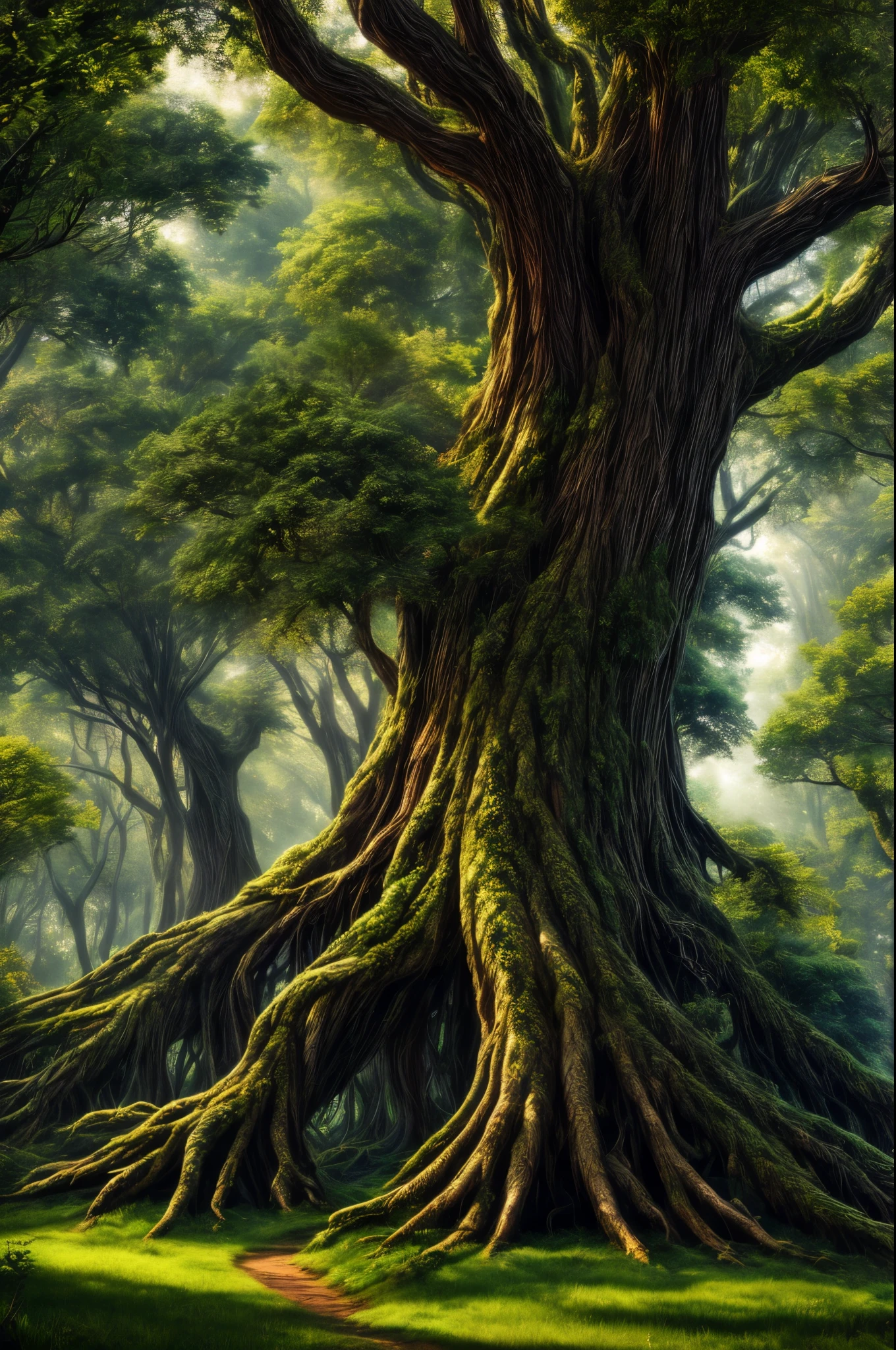 A mystical forest with giant trees and magical beings hidden among the branches, 8K, high quality