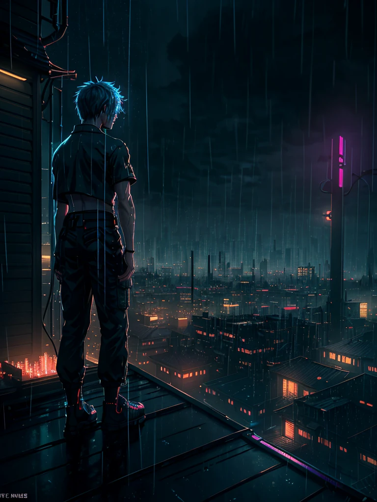 a young man sitting on the roof of a house in a neon-lit city at night during a light rain, looking thoughtful and slightly sad, with his right leg raised and his right elbow resting on his knee, his head in his hand, gazing at his left hand near his waist, side perspective, highly detailed, cinematic lighting, neon city lights, realistic, photorealistic, HDR, physically-based rendering, dramatic lighting, moody atmosphere, intricate details, beautiful colors, melancholy expression, atmospheric rain effects