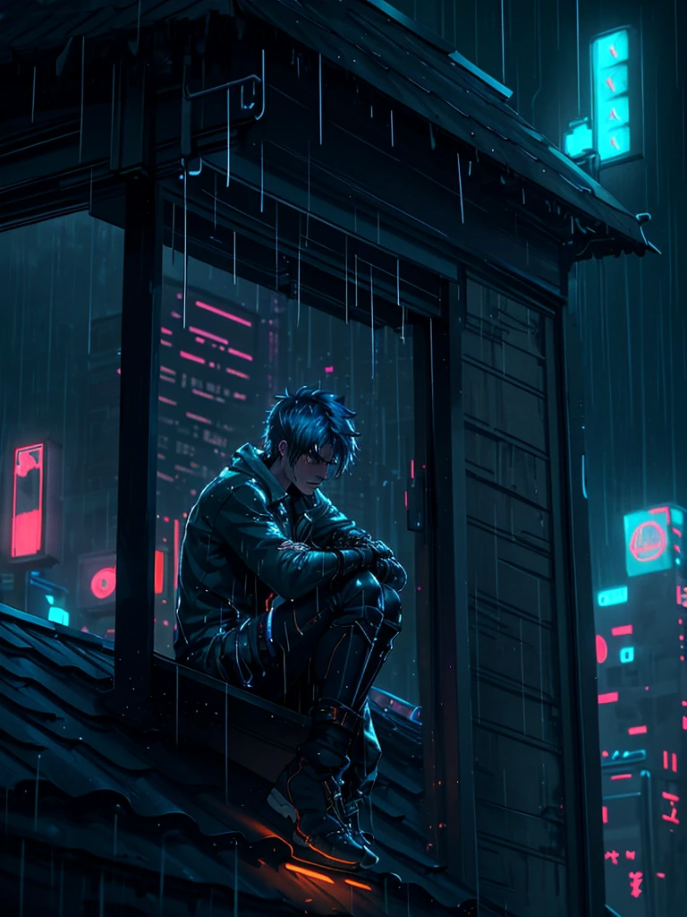 a young man sitting on the roof of a house in a neon-lit city at night during a light rain, looking thoughtful and slightly sad, with his right leg raised and his right elbow resting on his knee, his head in his hand, gazing at his left hand near his waist, side perspective, highly detailed, cinematic lighting, neon city lights, realistic, photorealistic, HDR, physically-based rendering, dramatic lighting, moody atmosphere, intricate details, beautiful colors, melancholy expression, atmospheric rain effects