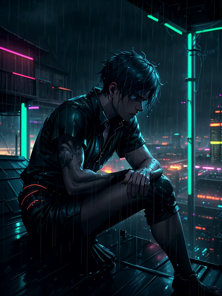 a young man sitting on the roof of a house in a neon-lit city at night during a light rain, looking thoughtful and slightly sad, with his right leg raised and his right elbow resting on his knee, his head in his hand, gazing at his left hand near his waist, side perspective, highly detailed, cinematic lighting, neon city lights, realistic, photorealistic, HDR, physically-based rendering, dramatic lighting, moody atmosphere, intricate details, beautiful colors, melancholy expression, atmospheric rain effects