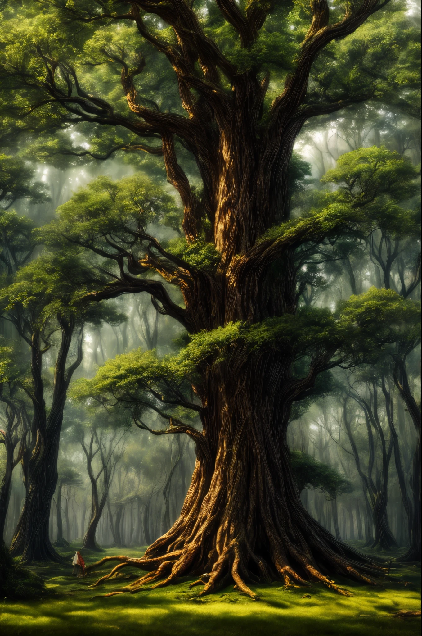 A mystical forest with giant trees and magical beings hidden among the branches, 8K, high quality
