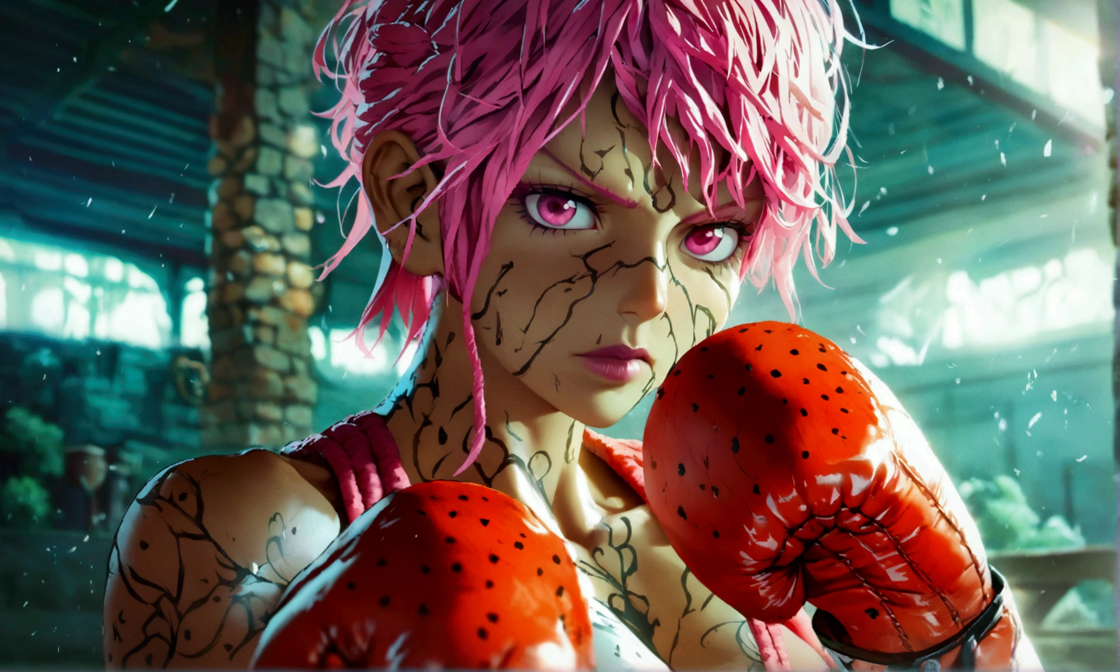 Muscular woman, short pink hair, pink eyes, boxer outfit, serious expression, "Anime character design inspired by One Piece, full of dramatic and impressive lighting, focus on the centralized character, impressive face, full of creative details, ultra-fine 4K design, scenery bathed in creativity, boasting 2D anime resolution clarity, HD anime graphics, high-octane rendering"
