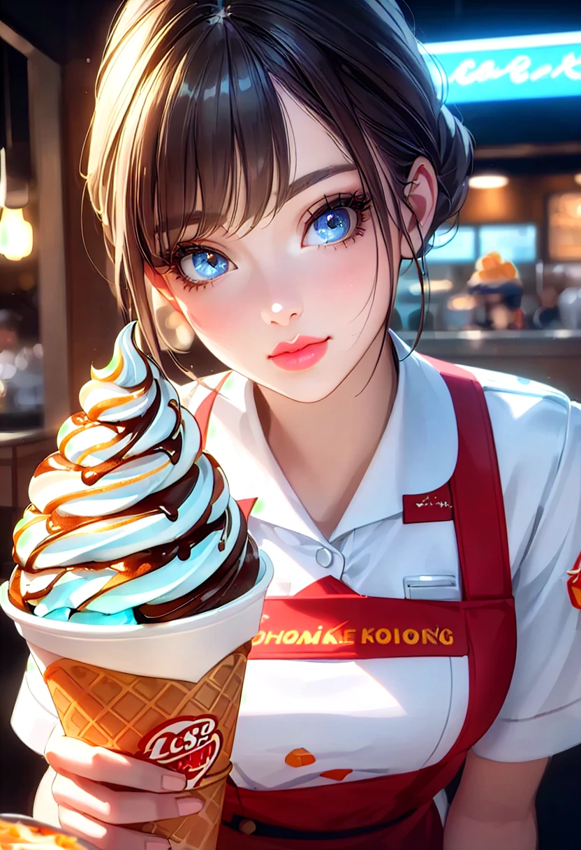 a beautiful young woman in a clean and crisp fast food uniform, beautiful detailed eyes, beautiful detailed lips, extremely detailed face, long eyelashes, friendly and courteous expression, making delicious soft serve ice cream, popular fast food restaurant, detailed texture of the ice cream, perfect uniform, high quality lighting, photorealistic, 8k, best quality, masterpiece, professional, studio lighting