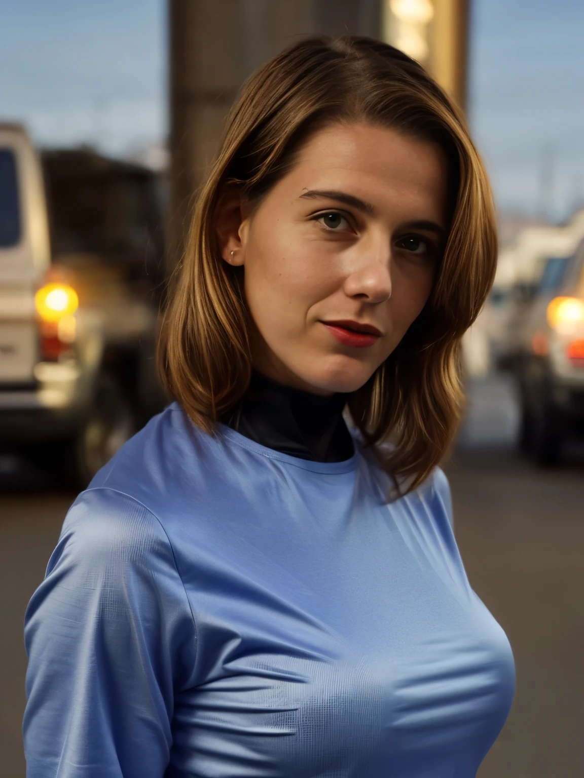 Ultra-realistic Portrait of a Starfleet Captain, Starfleet Command, San Francisco
In an ultra-realistic portrait, a strikingly beautiful 23-year-old Starfleet captain stands confidently in front of the iconic Starfleet Command building in San Francisco. The architectural grandeur of the command center looms in the background, featuring sleek, futuristic lines and a prominent Federation insignia. The scene captures a bustling environment with several Starfleet personnel visible in the far background, their distinct uniforms adding to the sense of realism and immersion.
The captain is wearing the classic uniform from Star Trek: The Next Generation, Series 1. The uniform is a well-fitted black and red jumpsuit, with the upper part being red, and the lower part black. It features a high collar and a communicator badge pinned on her left chest. The sleeves are long, and the uniform fits snugly, highlighting her slender figure.
She has blonde hair styled neatly, and her makeup is subtle yet effective, with a focus on a flirty red lipstick that complements her confident smile. Her eyes are bright, making direct eye contact with the viewer, exuding both warmth and authority. The scene is captured in a zoomed-in portrait style, allowing for detailed focus on her facial expressions and the texture of her uniform.
The background is bustling with Starfleet officers and cadets moving about, some in conversation, others on their way to various duties. The iconic landscape of San Francisco can be seen faintly in the distance, with the city’s distinctive skyline and the famous Golden Gate Bridge barely visible, creating a sense of place and scale.
The lighting is natural, suggesting a bright, sunny day in San Francisco, which enhances the colors of the uniform and the overall scene. The image captures a moment of calm amidst the busyness, with the captain at the center, radiating confidence and poise.