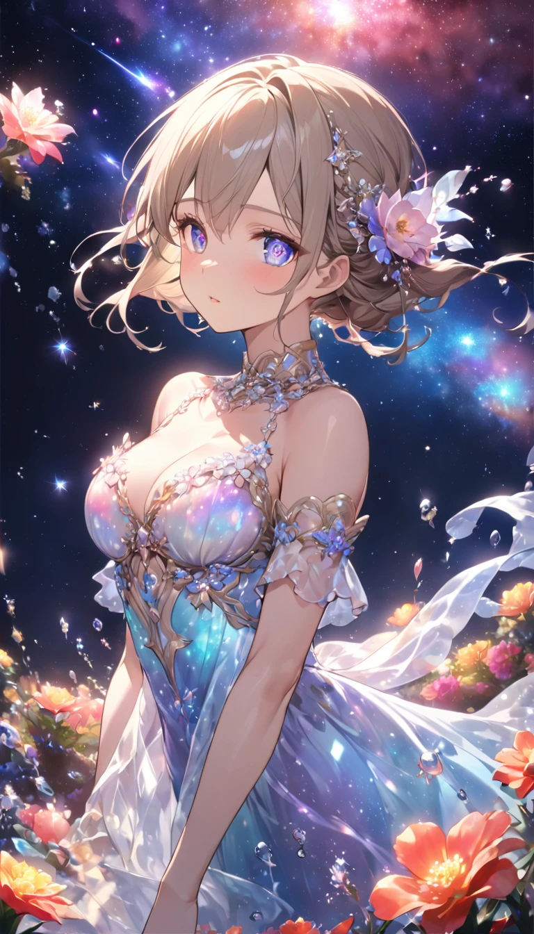 Highest quality, Highest quality, 16K, Unbelievably absurd, Very detailed, 2.5D, delicate and dynamic, Underwater, swim in the sea, Brightly colored coral, Small faint lights and flying fireflies, night, Starry Sky, milky way, nebula, shooting star, Flowers,, Very delicate look, Delicate eye depiction, Upper body close-up, erotic, dynamic sexy pose, Only sexy women, View your viewers,Healthy body shape, 22-year-old woman, Aristocratic women, height: 170cm, big, Hard, Swaying bust, Colorful floral ornaments, Crystal translucent dress, Wrap the whole body in a translucent cloth, A long dress with a complex structure, Colorful long dress, Underwaterに浮かぶドレス,A chain of chains around