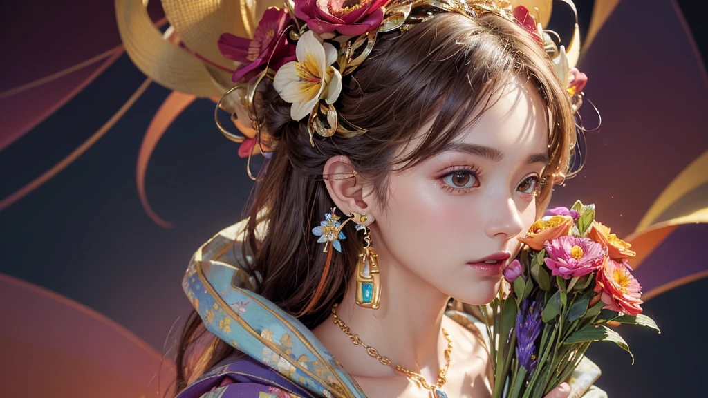 32K, 最高quality, 最高masterpiece, (ultra-Detailed Background, Detailed Background), High resolution, Super detailed, Very detailedな, One girl, (bouquet:1.3), (Tangled:1.2), (Geometric:1.2),(colorful),(masterpiece, quality, best quality, Official Art, Beautiful and beautiful:1.2), (1 girl:1.3), Very detailed,(colorful:1.1)(Flowers:1.3),Most detailed,(Tangled:1.2), whole body, (Abstract background:1.3), (Skin glows), (Many colors:1.4), ,(Earrings Jewelry:1.5), Gradient pink background,