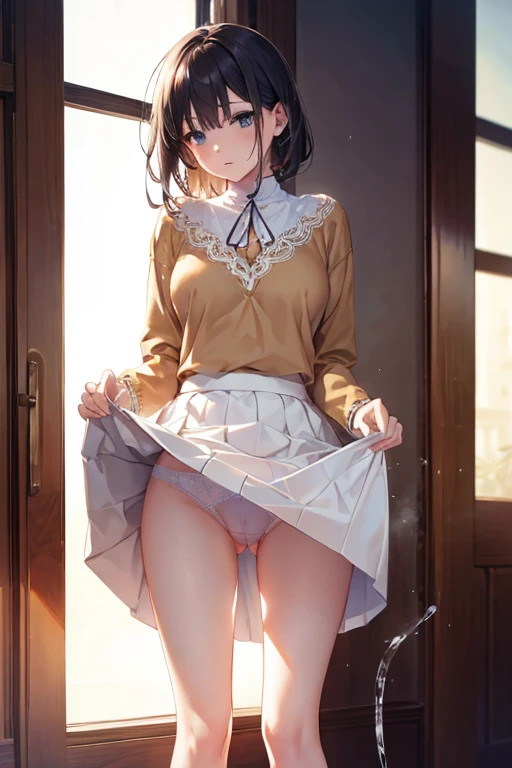 (masterpiece), Mature , sexy, rear end, Floral lace underwear, Natural light, Realistic, Camel Toe, Diffuse Light, Depth of written boundary, White Skirt, vapor, (Lift up your skirt), (urination), Real