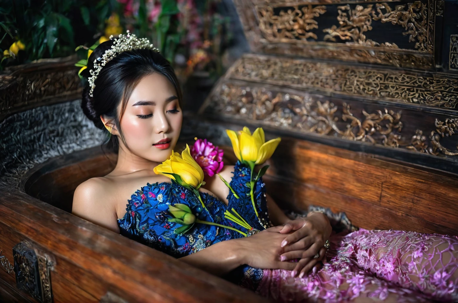 In a striking 8K HDR scene, a stunning Korean woman, 22 years old, lies peacefully in a black coffin surrounded by plush pillows. The deep box is set against a rich black background, accentuating the beauty of the subject. Her exquisite deep-V neckline kebaya attire is embroidered with superb detail, showcasing her round and firm , perfect cleavageautiful eyebrows. Her closed eyes and mouth give an air of serenity, while her visible and absolute cleavage leave to imagination. The scene is bathed in saturated colors, highlighting every intricate aspect from the ball skirt to her clean face, straight body, detailed hand perfect hands, straight body, holding the flowers