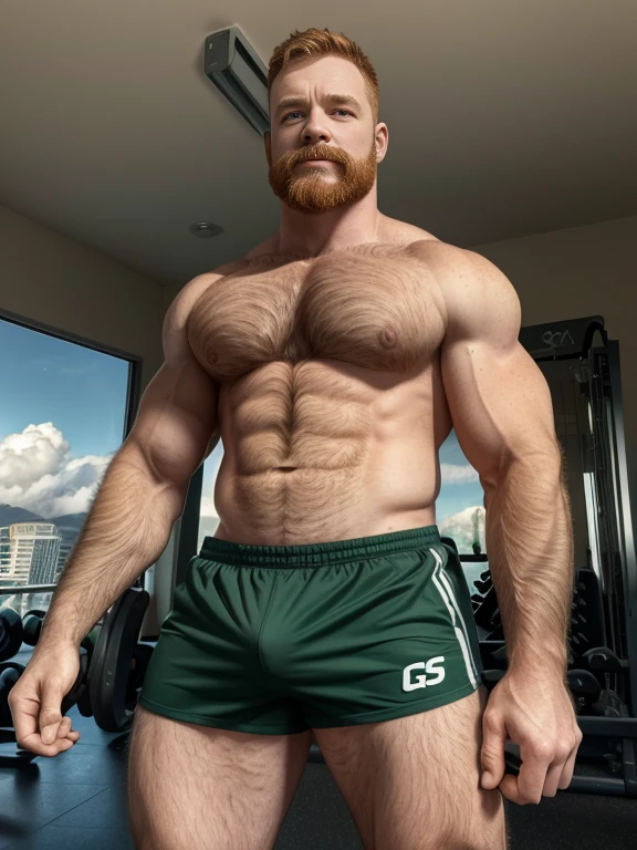 Chubby handsome 36 years old man, strong, ginger short haircut, ginger short facial hair, wellington glasses, green eyes, dressed only with a skinny short, happy hairy trail, gym loker room as background, cloudy sky, amazing composition, Vista frontal, HDR, volumetric lighting, (plano general, desde el frente:1.2) (GS-Macho :1.5) (magnificent landscape:1.2)