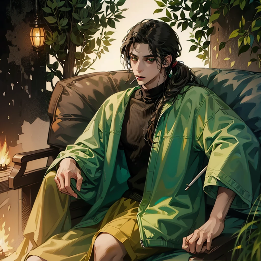style 9, 1 boy, black dreadlocks tied in a ponytail, dark complexion, wearing a green jacket, hazel eyes, sitting smoking