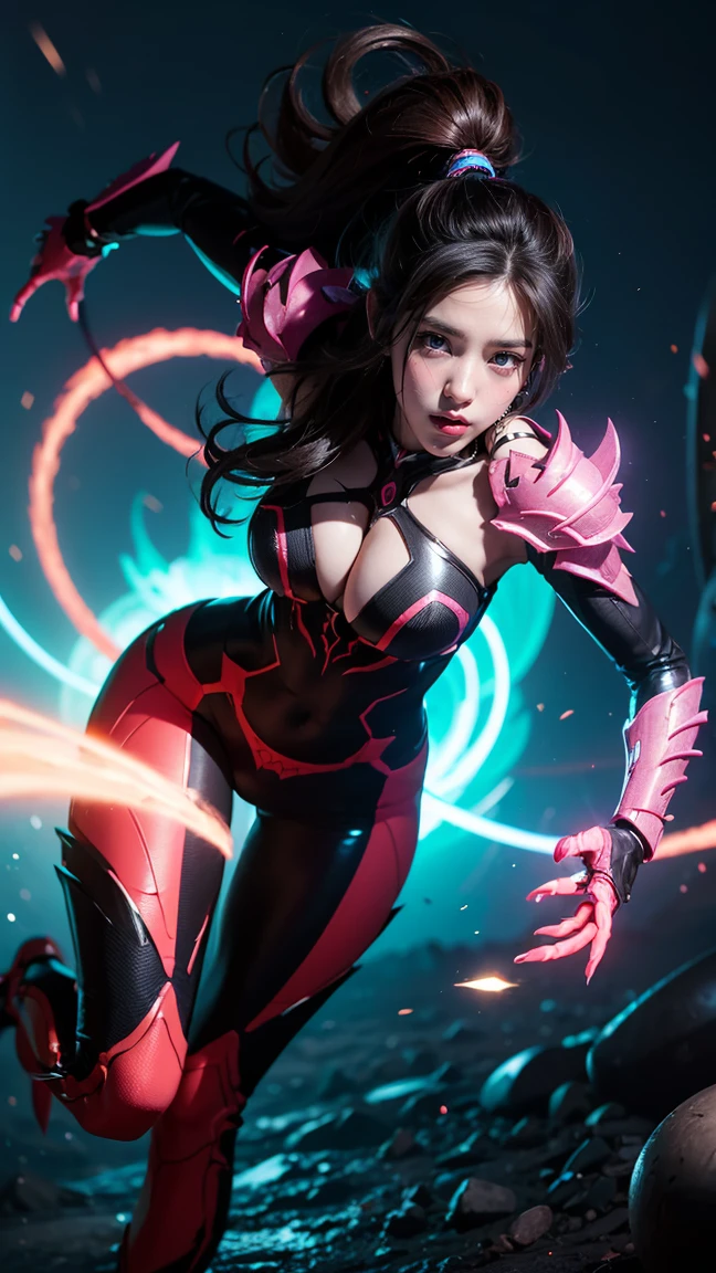 Depict Elise from League of Legends in her Super Galaxy skin, massive k-cups,clad in futuristic, high-tech armor with neon accents. Show her using her Spider Form's Venomous Bite, leaping towards her target with mechanical legs and emitting a trail of glowing, toxic energy.