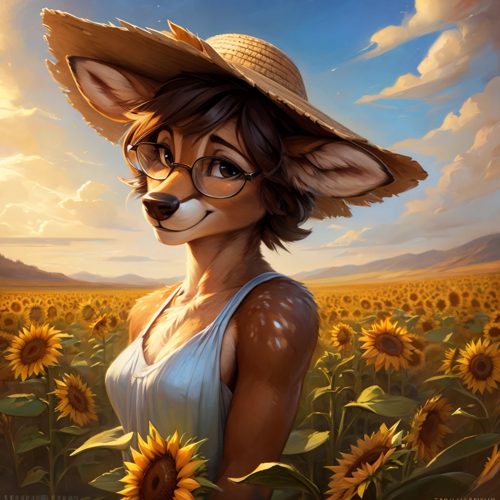 uploaded on e621, artstation, by Pixelsketcher, by Bayard Wu, by Thomas Benjamin Kennington , by Einshelm, by hioshiru and kenket, Chunie, portrait, solo anthro female deer doe, with small featureless breasts, clear dark blue, cinematic lighting, day, sunny day, sunflower field, stands in a high sunflower field, sunflower field background, sunflowers, mediterranean background, horizon background, shiny, chin short curly dark brown hair, wears big black nerd glasses, very very beautiful furry art, furry art, smiling, joyful, shiny, happy, feminine, cute face, muzzle, fluffy chest, flawless face, Fallow deer, 1girl, Sakimichan is beautiful, Masterpiece, Wavethesallow Face, shiny, Detailed image, portrait, Detailed image, portrait, full body, wears pure white and wide spaghetti straps dress, wears big and wide beige summer straw hat, shiny, realistic face, perfect anatomy, hourglass body, (furry body:1.1), anthropomorphic deer, detailed background, (cute anatomy:1.1)