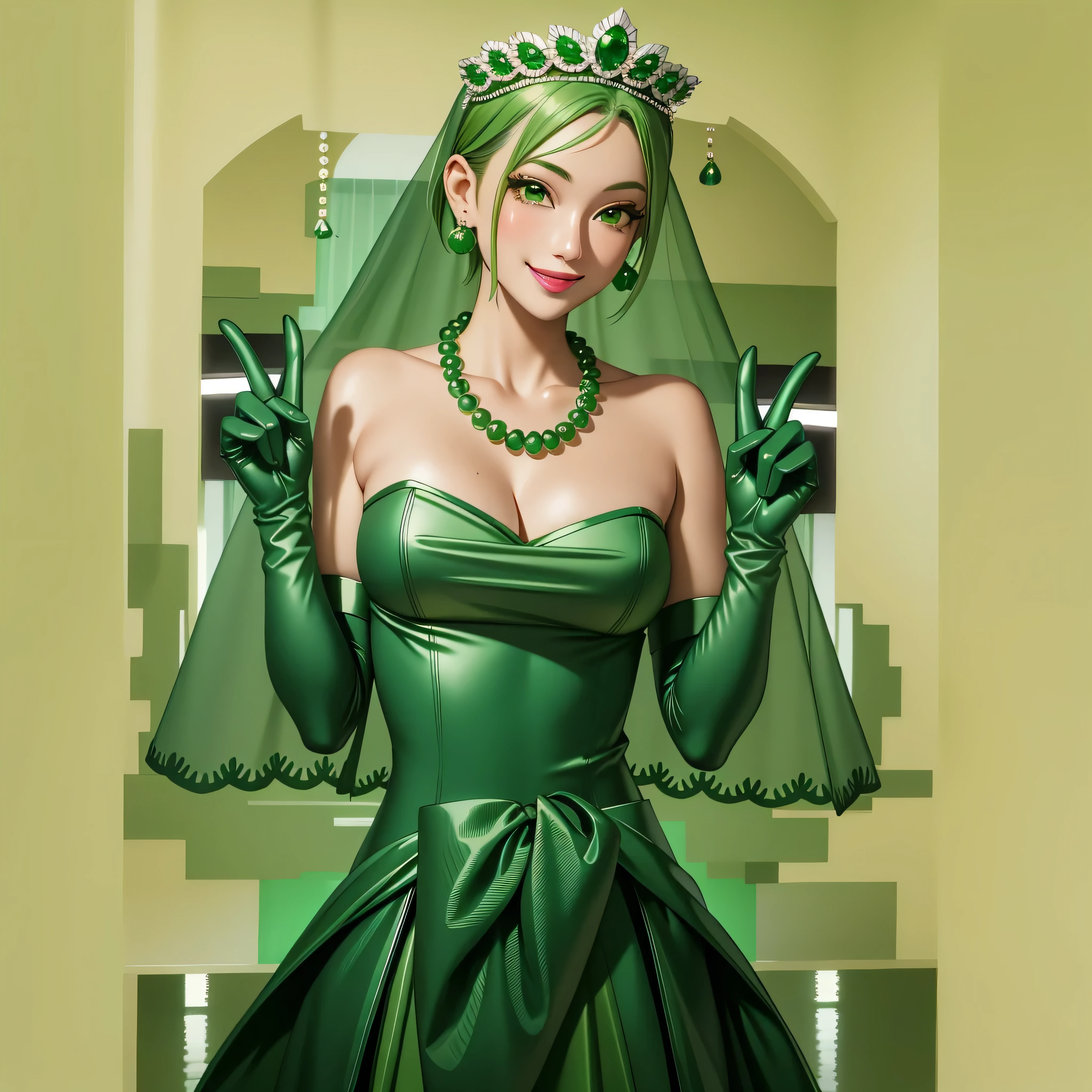 Emerald tiara, Green Pearl Necklace, Boyish very short green hair, Green Lips, Smiling Japanese woman, Very short hair, Busty beautiful lady, Green Eyes, Green satin long gloves, Green Eyes, Emerald Earrings, Green veil, all, Green Hair, Beautiful Japanese Women, green lip gloss