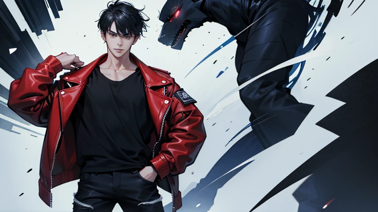 My hair reaches down to my neck、Man with his left eye covered The face is well-formed.、few々Small face He is wearing a black shirt and a red biker jacket. He is wearing black jeans and shoes with blue and white stripes. His left hand was in his jeans pocket.、The right hand is stretched out in front of him, pointing.