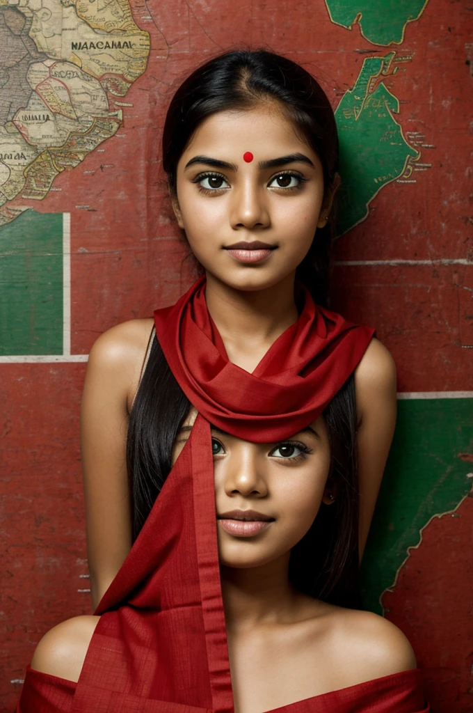 A cartoon face girl whose mouth and eyes are tied with a piece of red cloth. Her bacground wall is covered with Bangladesh's map & Bangladesh's flag