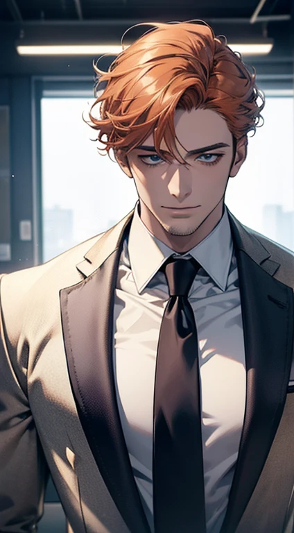 (best quality,4k,8k,highres,masterpiece:1.2),ultra-detailed,(realistic,photorealistic,photo-realistic:1.37),1 man,31 years old,mature man,very handsome,without expression,smile,short grey b
Orange hair,blue eyes,penetrating gaze,perfect face without errors,imposing posture,businessman,office background,cinematic lighting,hdr image