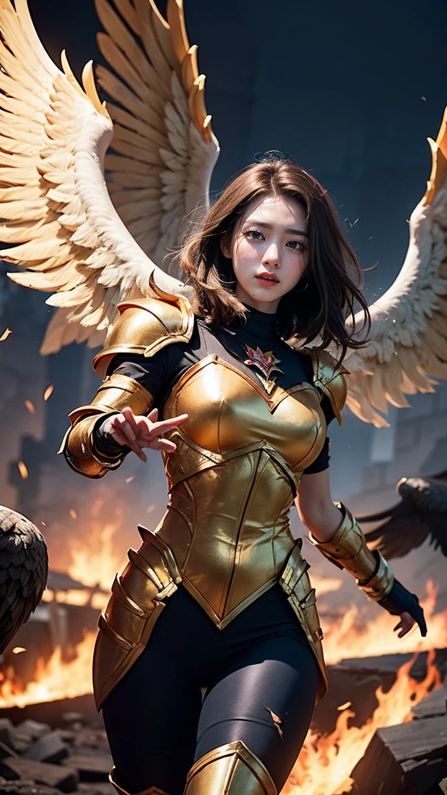 Imagine Quinn from League of Legends in her Phoenix skin, massive k-cups,featuring fiery, golden armor and a majestic, mythical bird aesthetic. Capture the moment she activates her Heightened Senses ability, with Valor soaring high and revealing enemy positions while Quinn’s eyes glow with intense focus.