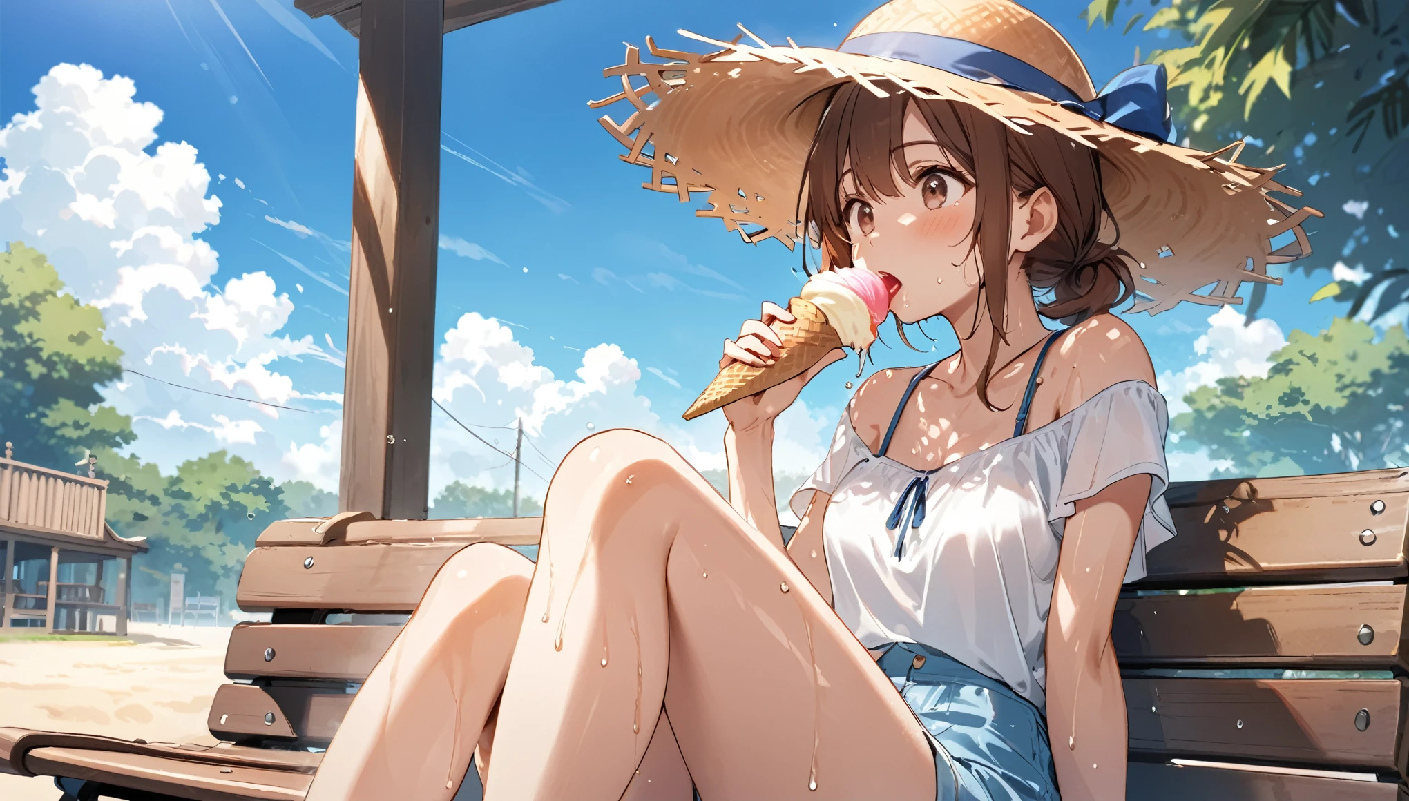 Highest quality,Brown-haired girl,Straw hat,Summer sky,Sit on a bench,Sweaty,Eat ice cream