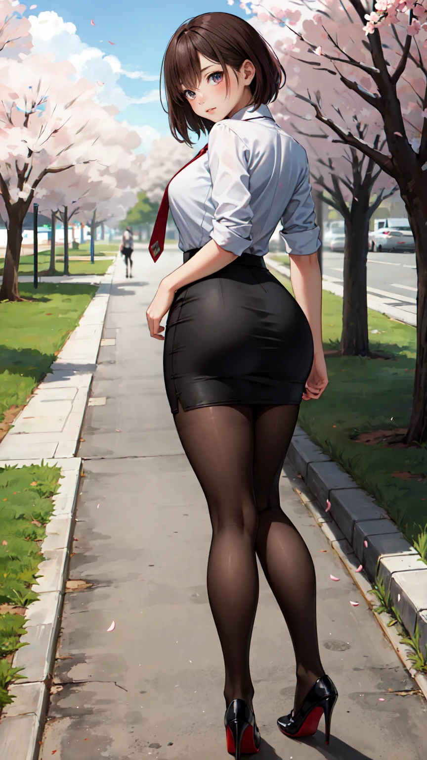 masterpiece, best quality,4girl,young girl, plum_pie eyes, brown, choppy bob,envious _face,shiny skin,medium breasts,nice leg line:1.3,thick thighs, thin waist,, thighhighs,necktie,((pencil skirt)),red color high heels,   pantyhose, , Pathway_lined_with_blooming_cherry_blossom_trees,,looking back at the viewer, view from behind,full body, legsupsexms,