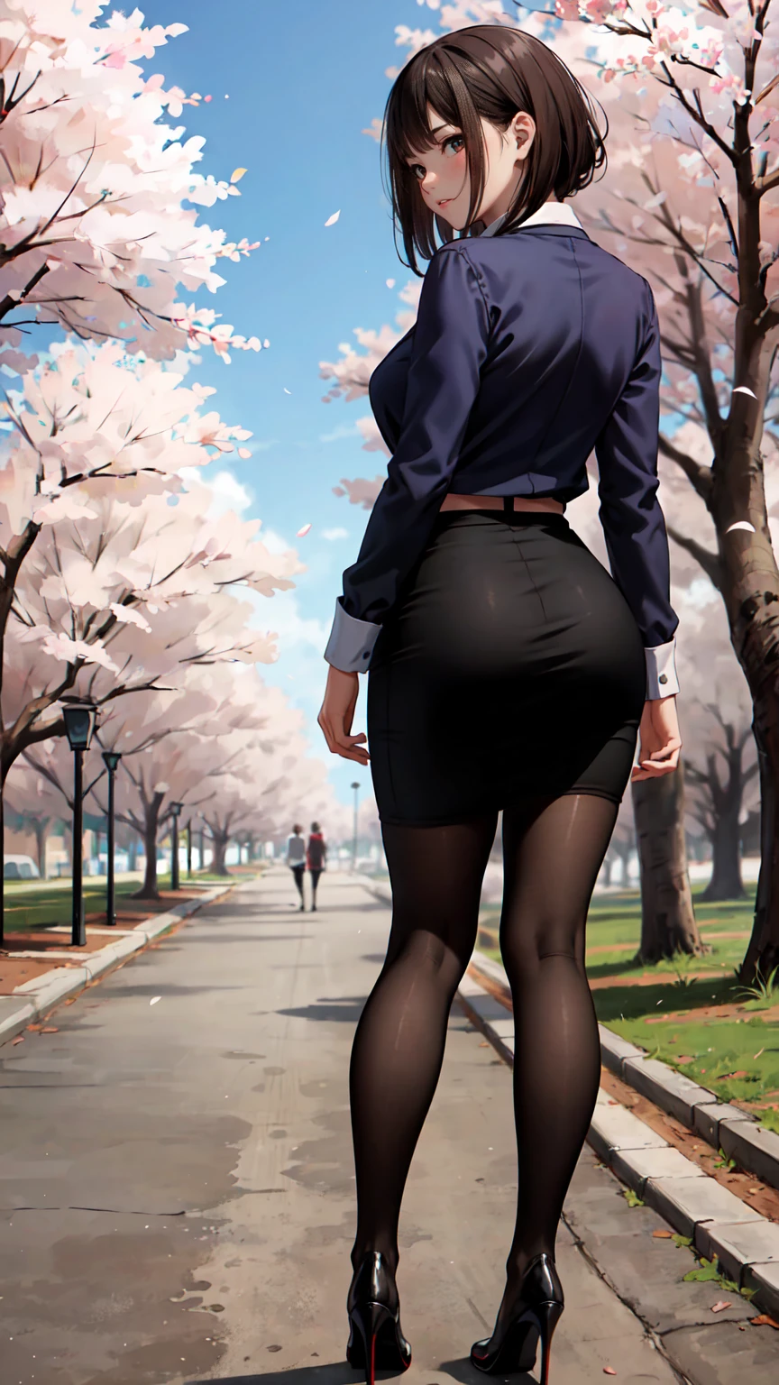 masterpiece, best quality,4girl,young girl, plum_pie eyes, brown, choppy bob,envious _face,shiny skin,medium breasts,nice leg line:1.3,thick thighs, thin waist,, thighhighs,necktie,((pencil skirt)),red color high heels,   pantyhose, , Pathway_lined_with_blooming_cherry_blossom_trees,,looking back at the viewer, view from behind,full body, legsupsexms,