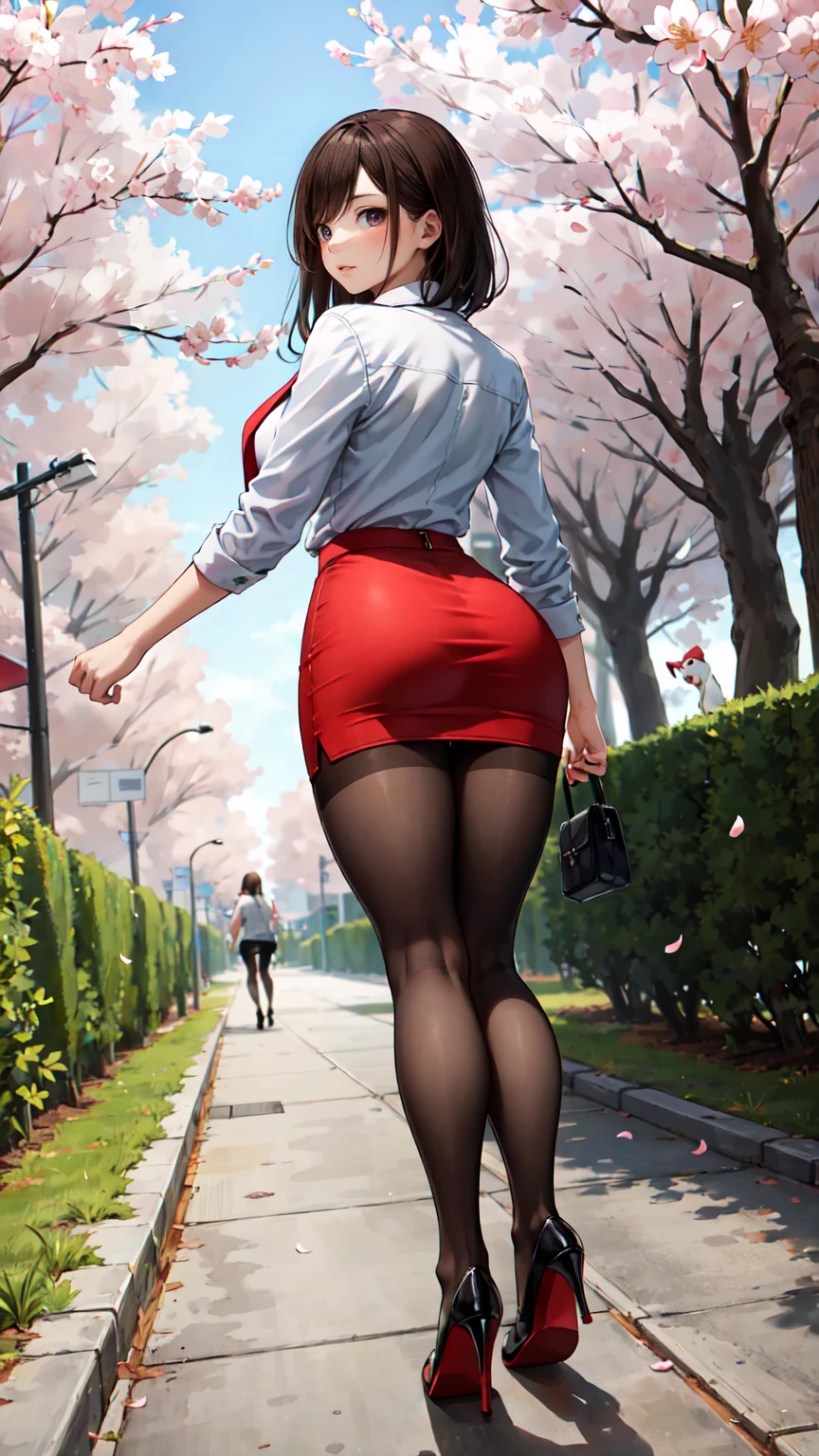 masterpiece, best quality,4girl,young girl, plum_pie eyes, brown, choppy bob,envious _face,shiny skin,medium breasts,nice leg line:1.3,thick thighs, thin waist,, thighhighs,necktie,((pencil skirt)),red color high heels,   pantyhose, , Pathway_lined_with_blooming_cherry_blossom_trees,,looking back at the viewer, view from behind,full body, legsupsexms,