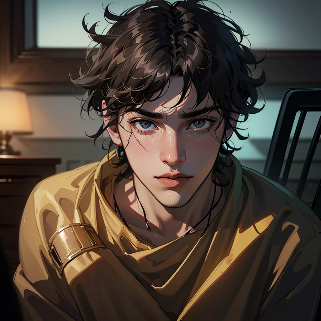 (best quality, 4k, 8k, high resolution, masterpiece: 1.2), ultra detailed, (realistic, photorealistic, photorealistic: 1.37), cinematic lighting, hdr image 1:4, a black man, 22 years old, very handsome, look gloomy, black eyes, black afro hair, sitting on the floor listening to music, headphones
